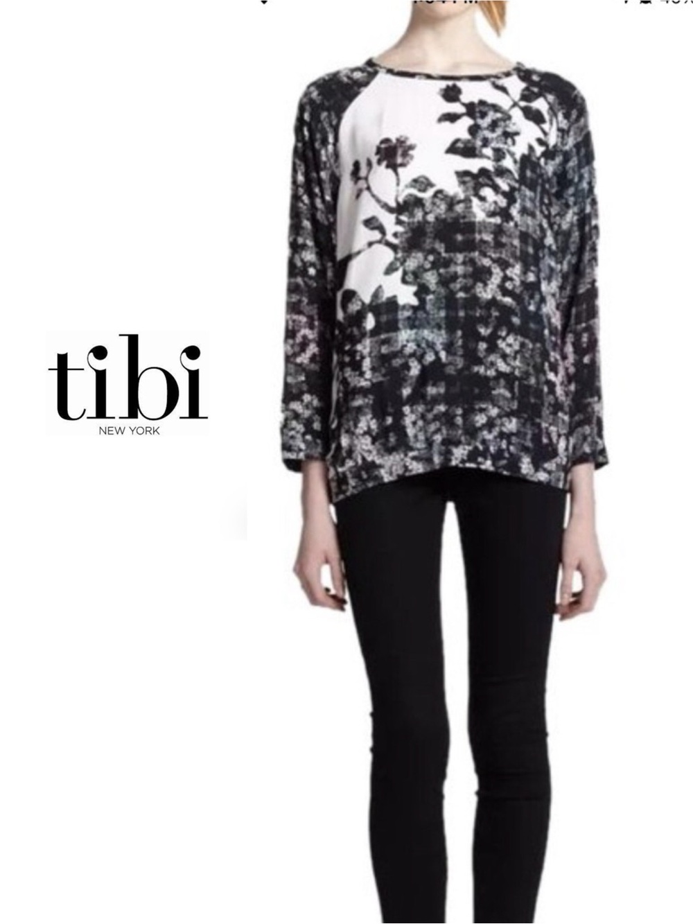 Tibi Black & White Floral Raglan Long Sleeve Top